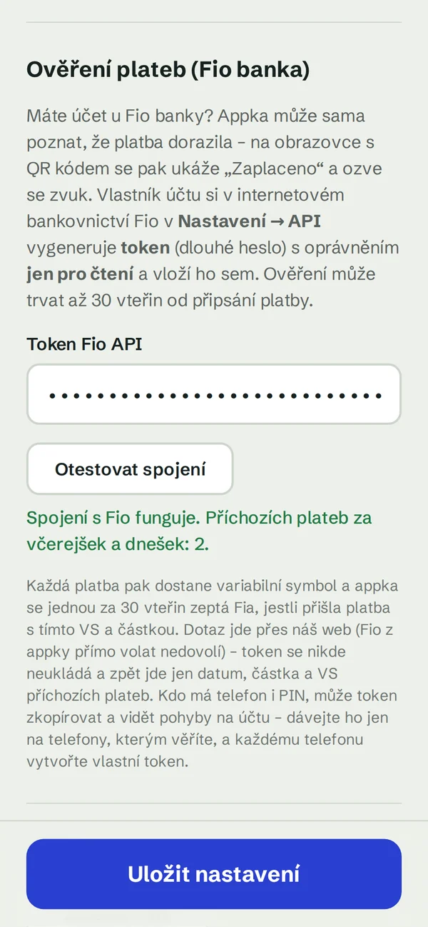 Nastavení appky QR rychle: token Fio API