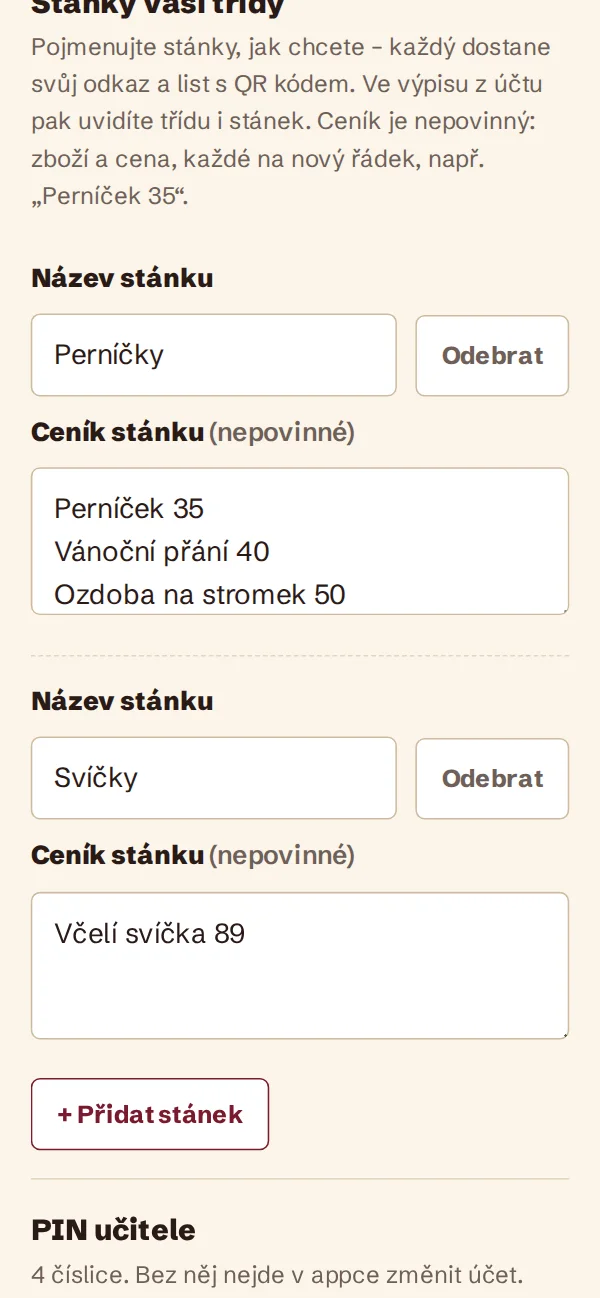 Listy stánků: učitel pojmenuje stánky a napíše ceník