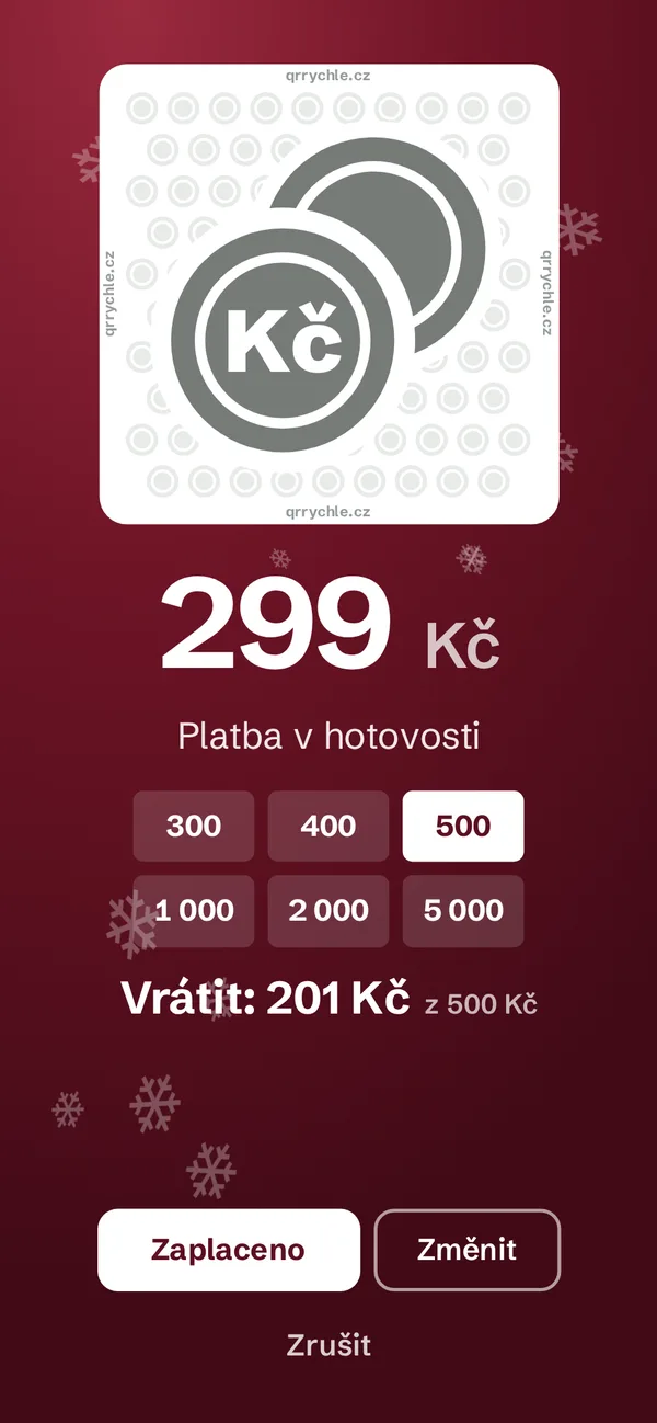 Hotovost: 299 Kč z 500 Kč, vrátit 201 Kč