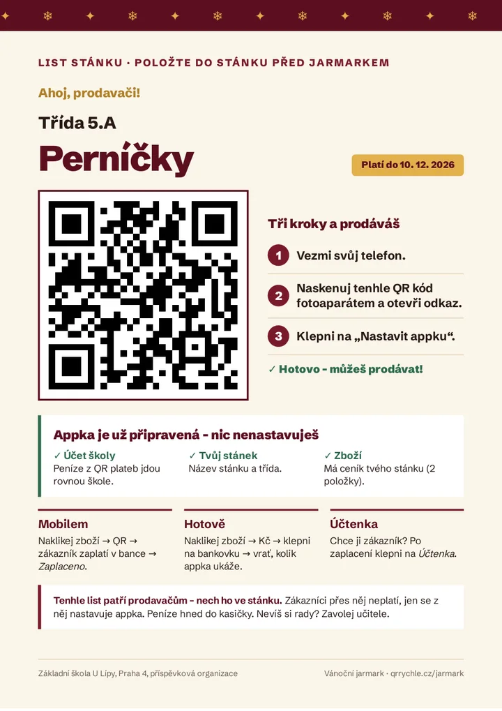 List stánku: Třída 5.A, Perníčky, QR kód a tři kroky pro děti