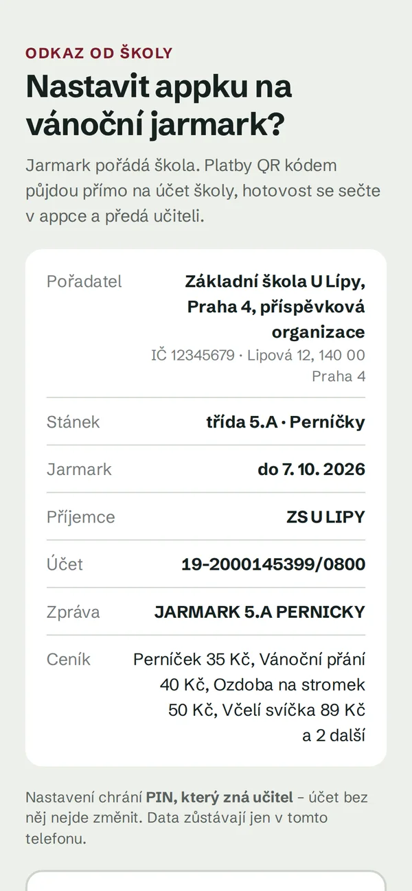 Nastavení appky z listu stánku: škola, stánek, účet