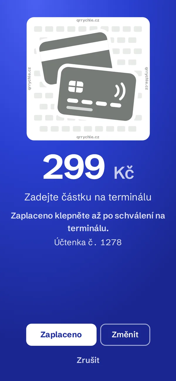 Platba kartou: zadejte částku na terminálu
